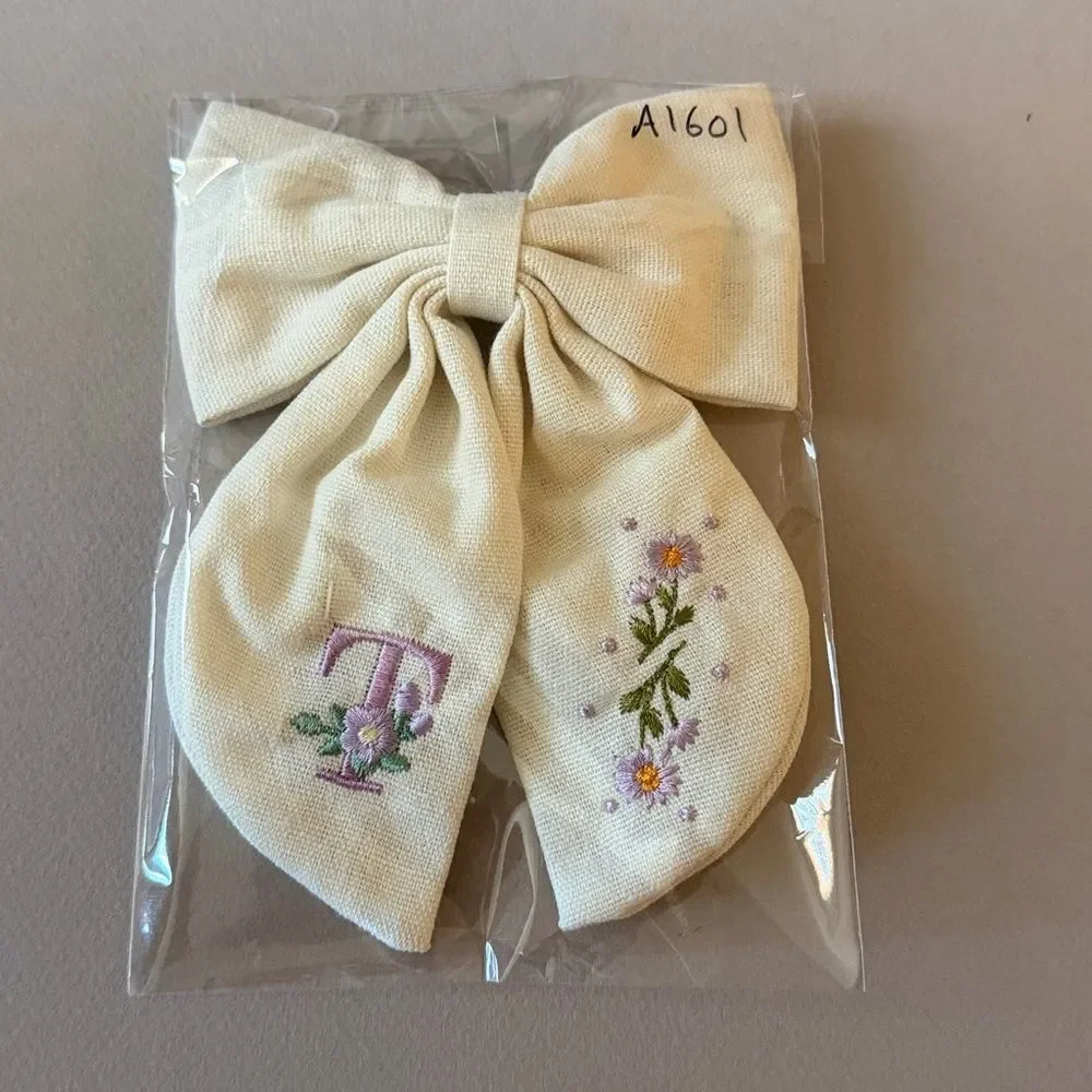 Cream Embroidered Floral Kids Hair Bow A1601